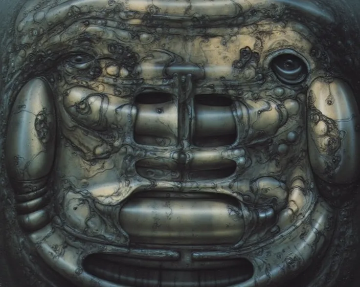 H. R. Gigers g1g3r, , The image  is a classic piece of biomechanical art by H.R. Giger. , , (Triadic:1.1), (Proportion:1.1),  , (Reflected light:1.2), Parchment, ultra detailed, intricate,, dry b (best quality:1.4), H.R. GIGER,  BY GIGER