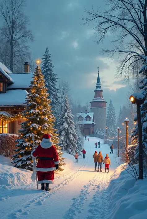 Winter, snow, Christmas, a Russian village, garlands of lights on the houses, a decorated Christmas tree, ren playing snowballs, sledding down the hill, and ice skating. In the distance, a huge Slavic Ded Moroz with an icy staff and a bag of gifts is walki...