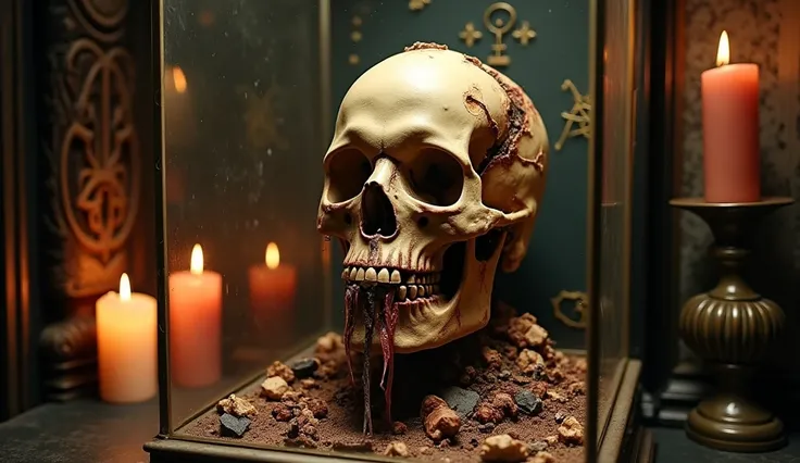 The broken Skull of the Satanist Aleister Crowley with some decomposed skin and sinew and muscle in a glass relic display case, lit by candles, with satanic sybols, very detailed and real.