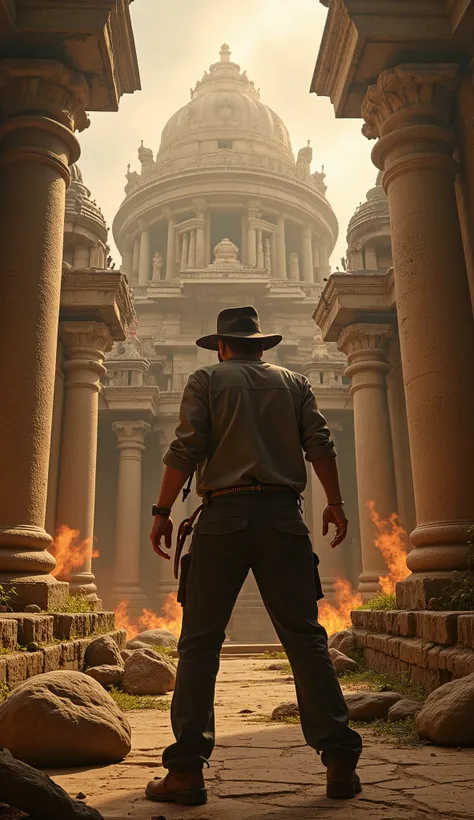 inside very mysterious dark beautiful ancient city.The elaborately built city conveys its former glory. Dutch angle, supernatural phenomena happening. also futuristic. Indiana Jones(Harrison Ford, movie character, wearing fedora hat, leather whip, black le...