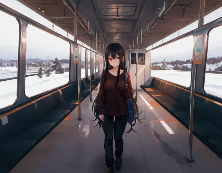 1 girl, long black hair, site inside the train , outside snow, brown top shirt,
