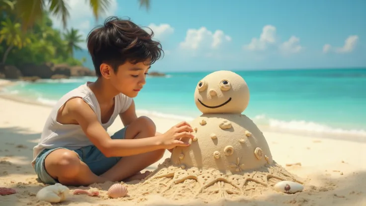 ren in the philippines buidling a Snoman out of sand on a beach