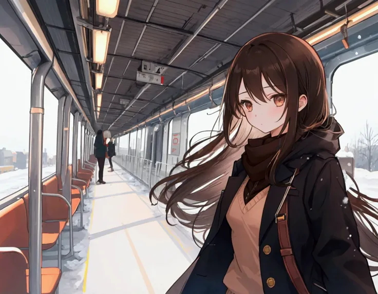 1 girl, long blqck hair, site down inside train , outside snow, brown top shirt
