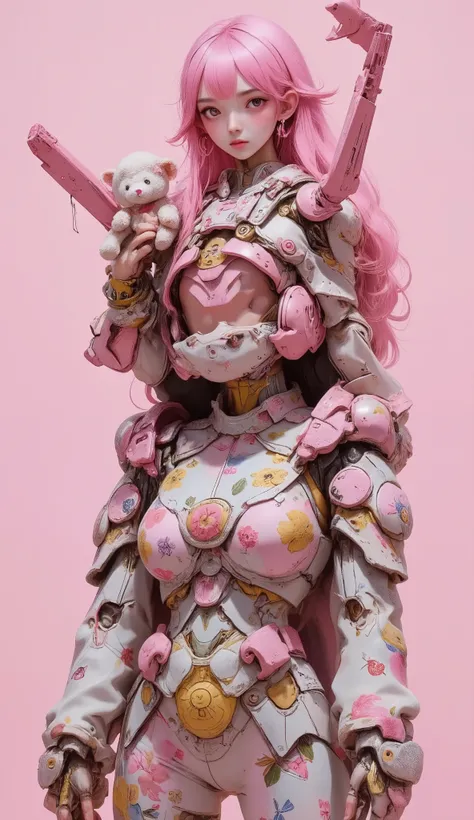 cute female robot, floral pattern on body, heavy weapons, kawaii mood, glowing pink joints and gaps, holding plush teddy bear, newest anime style, hyper detailed, vibrant colors, dynamic pose, highly detailed face and eyes, intricate mechanical design, whi...