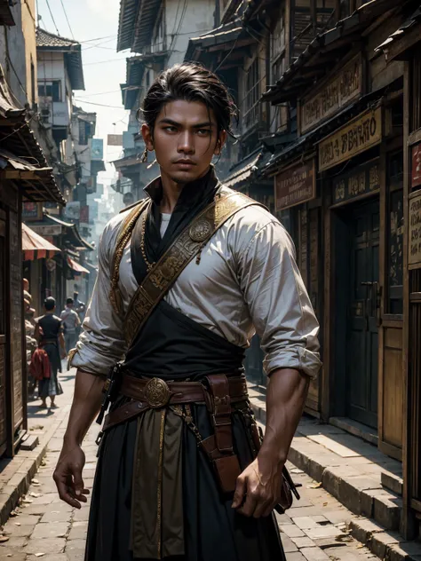 A young male assassin named Jaka Warna, a descendant of Indo-European ancestry, set in Indonesia during the year 1945. He is wearing a mix of traditional Javanese clothing and WWII-era military attire, reflecting the transitional period of the era. His dar...