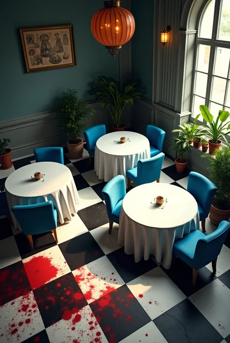  Make a lounge with a black and white checkerboard floor with 4 tables with a white cloth covering them, blue chairs,  pots with plants knocked down at the 4 corners and an upturned table , with the floor stained with blood  