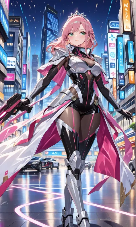 (((masterpiece, best quality, 16k)))A sleek and modern artwork of a cyberpunk female character in a high-tech, futuristic cityscape. The full-body view reveals her clad in black and silver clothes, featuring armored boots, a chestplate, and ornate shoulder...