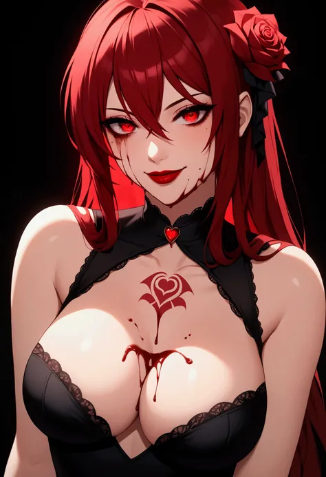 A girl with red eyes, scarlet hair, she has a red rose in her hair. She is wearing a very sexy cut black dress. She has a very intense look, a sadistic smile, blood red lipstick. She has very big breasts. She has a red rose tattoo on her chest. She has blo...