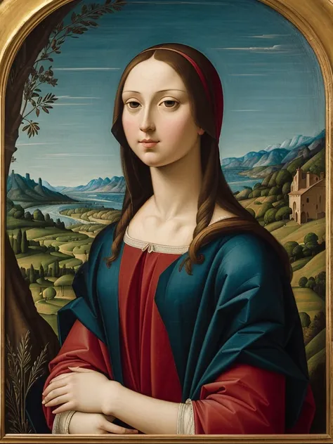  painting of a woman wearing a red sweater and blue shawl, inspired by Taddeo Gaddi ,  inspired by Pietro Perugino ,  inspired by Domenico Ghirlandaio ,  inspired by Vittore Carpaccios painting ,  in the style of Sandro Botticelli ,  inspired by Giorgione ...