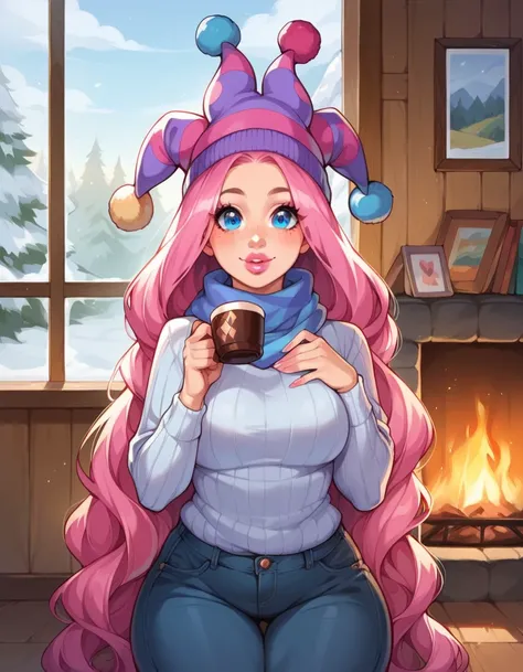 winter cabin, scarf, sweater, pants, holding hot chocolate, fireplace, cabin living room, jester hat, very long hair, pink hair, shiny hair, cartoon face, pink lipstick, plump lips, perfect face, textured skin, freckles, freckles on nose, doe eyes, big eye...