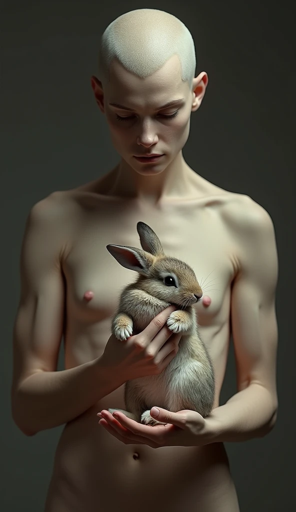 I want the human form with an ultra realistic rabbit in my hand 