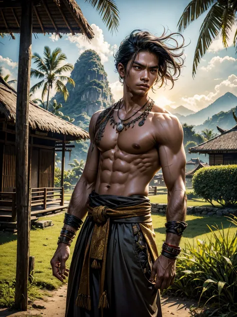 An Indonesian assassin named Jaka Warna, a descendant of Indo-European ancestry, set in 1945. He has strong Indonesian facial features, with dark, intense eyes and a determined expression. His attire is a fusion of traditional Javanese clothing, such as a ...