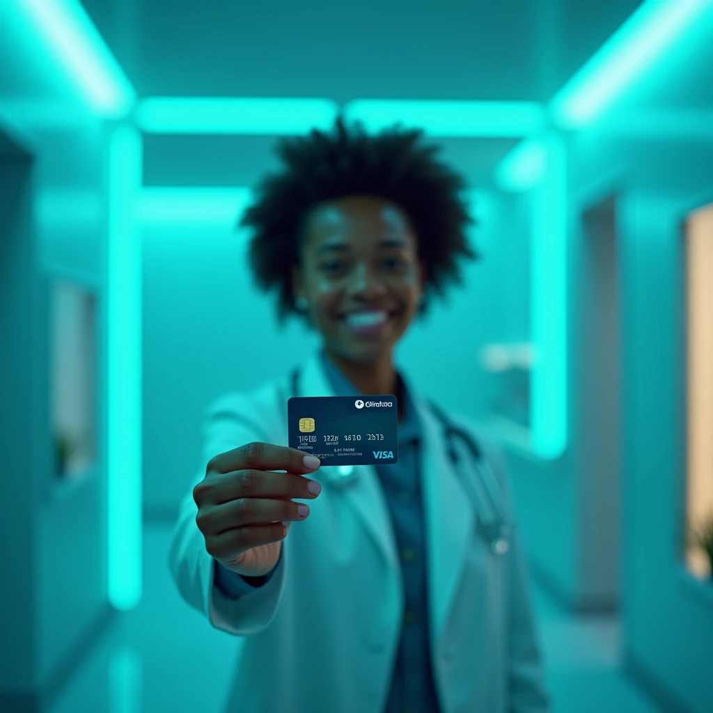  PUT A PERSON HOLDING A CREDIT CARD IN FRONT OF THEM. AGAINST A BACKGROUND OF A FUTURISTIC CLINIC WITH TURQUOISE LIGHTS.  THE PERSON HAS LATIN FEATURES AND IS HAPPY 