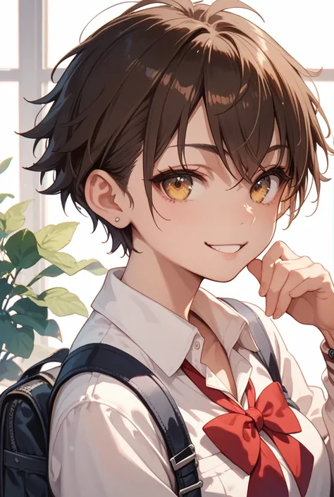  A tomboy girl with light brown skin with a touch of tan, amber eyes, short dark brown hair , pecho pequeño, wears a school uniform,  Slight Smile, 