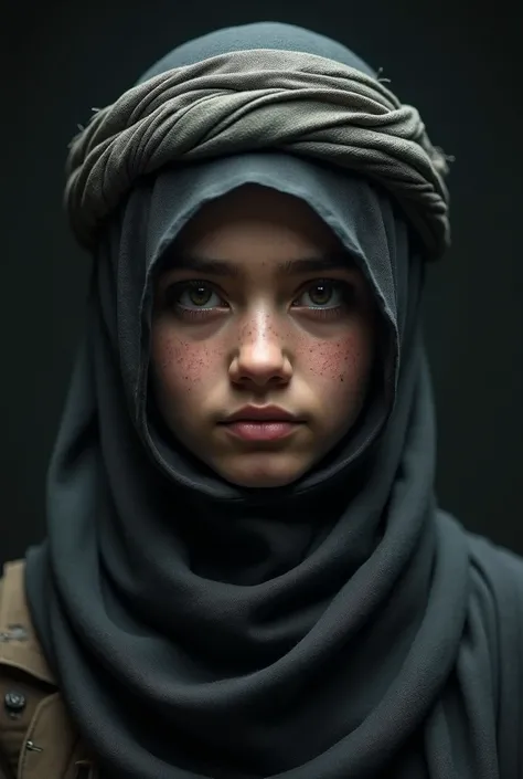 Face: Taliban teenager, dark background with her turban showing coldness in her eyes 