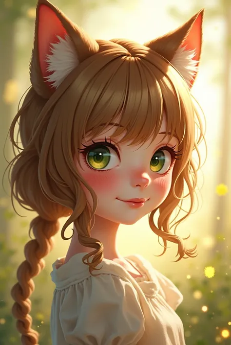 Cute girl with light brown hair, green eyes and cat ears