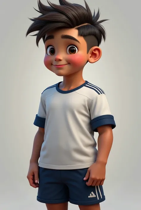  A realistic  boy with wavy hair on the top and a gradient on the sides,  likes to wear team jerseys and navy blue shorts but with slightly dark skin . The left side of the hair with a stripe 