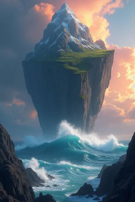  Extraordinary description for creating the image on another platform :

" A breathtaking scene ,  showing an immense and majestic mountain floating in the sky ,  about to plummet into a raging ocean . The mountain is rich in detail :  rough and irregular ...