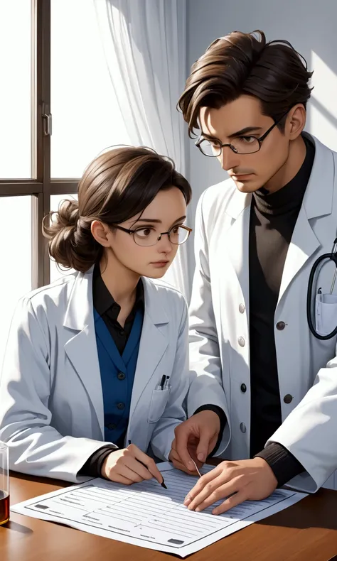  The scientist in the white coat explains the experiment to the volunteer . The scientist is serious and safe ,  while the volunteer listens carefully ,  with an expression of doubt .  A consent sheet is on the table .  The background shows simple equipmen...