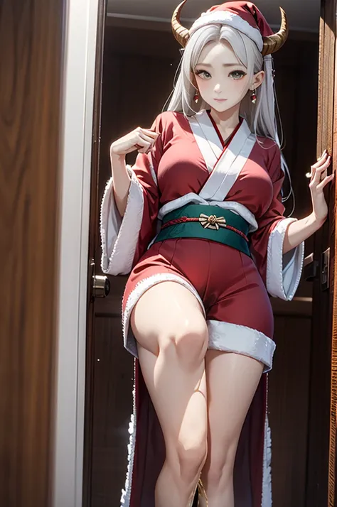 White hair and white skin , with horns on the forehead , straight long hair with bangs,tall model,Sexy Japanese clothes inspired by Santa Claus, beautiful face with Japanese style face and slender eyes, adult woman,,Hold in the urge to urinate, SHY