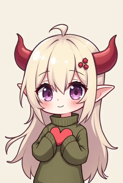  Generates the image of a chibi of an albino girl ,  with small and red horns ,  pointy ears ,  olive green sweater ,  purple eyes ,  that has its hair split in half , In the hairstyle of a little book ,  the hair that is long and cream-colored . Let him h...