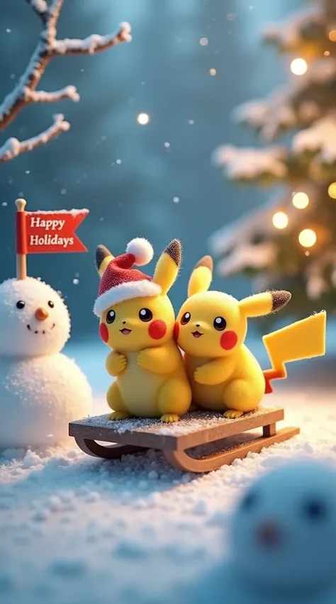 This charming winter scene showcases a festive atmosphere with two adorable baby pikachu riding a wooden sled down a snowy slope. One of the snow figures wears a Santa hat, and a small decorative Christmas tree sits beside them, glowing softly with warm li...