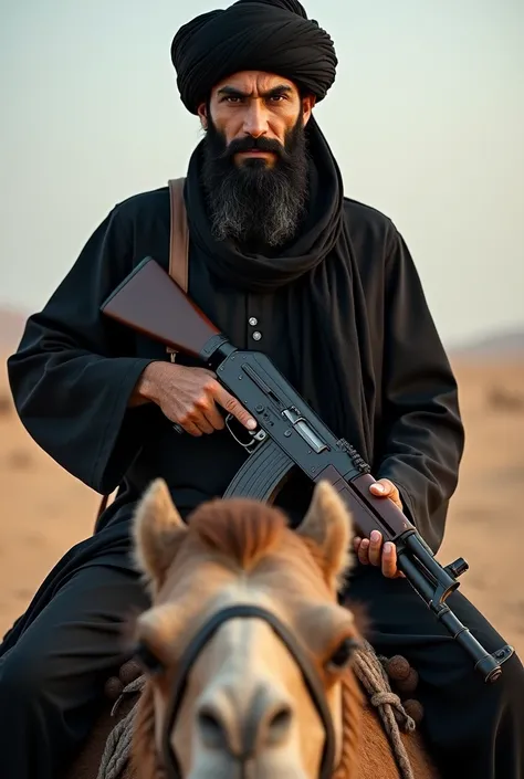 Taliban close up showing coldness in their eyes turban dressed in black with AK47 in hand riding a camel 