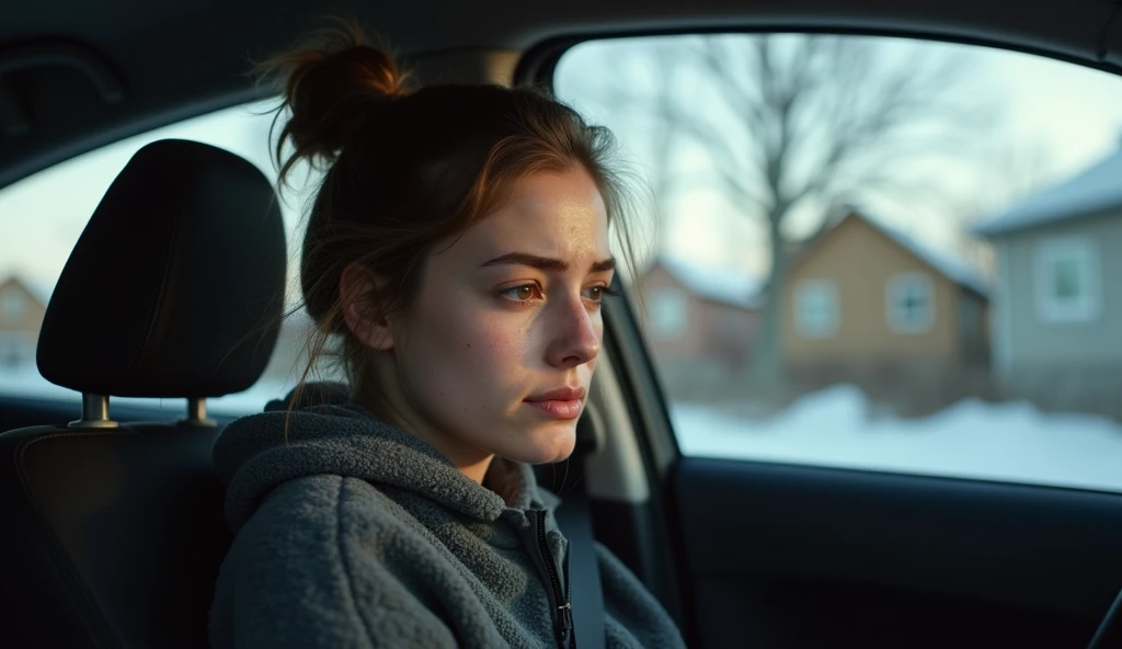 The image depicts a young woman sitting inside a car, appearing emotional and visibly upset. She is wiping tears from her face with her right hand, while her eyes are red and watery, suggesting she has been crying. Her facial expression conveys deep sadnes...