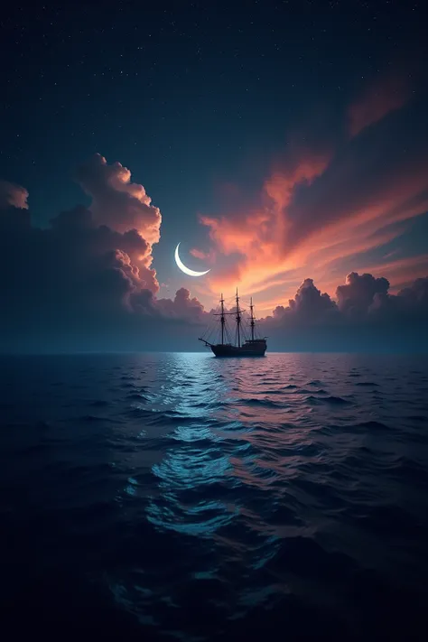 A breathtaking cinematic shot of a celestial seascape, where a lone ship glides across the deep blue ocean. The ancient vessel stands out against the backdrop of a mesmerizing sky, painted with vibrant hues of fiery orange and pink that seamlessly blend wi...