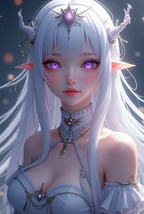 genshin empact character girl with long white hair and purple eyes