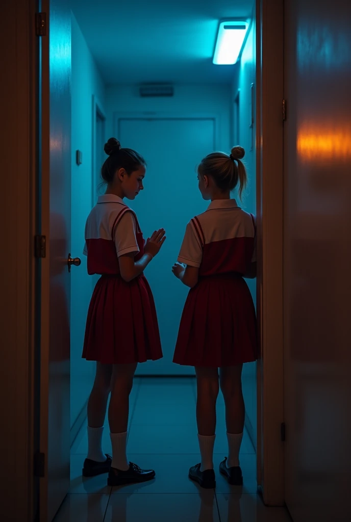 real photo
in a dark room
a blonde girl a ponytail
a brunette girl with a bun
she is in a red school uniform miniskirt
with white socks and black heels
she is in pov
they are shy
she smiles at me
she prays in front of me
the lights are blue orange
the ligh...