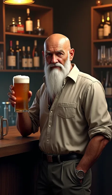 Man with bald head and very long, well-groomed ,  white beard , Stands at the bar and drinks a beer