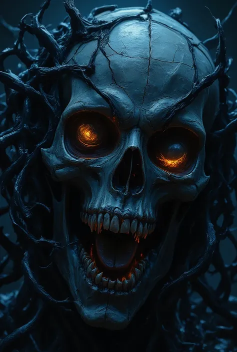  a highly detailed CGI (computer-generated imagery) rendering of a macabre, skeletal figure. The subject is a human skull with grotesque, elongated eye sockets and a gaping mouth filled with sharp, jagged teeth. The skull is bathed in a mix of dark, shadow...