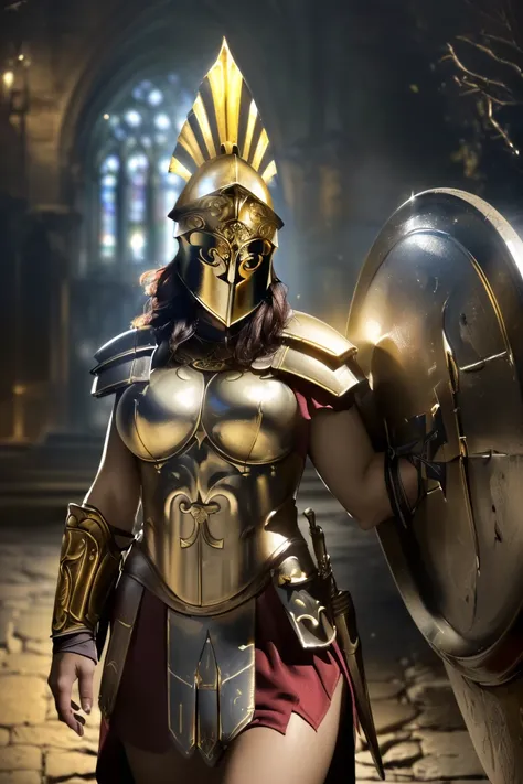 (masterpiece,  top quality ,  ultra detail showing the cathedral,  absurd:1.5),  One girl , ( sexy,  beautiful women,  perfect face,  perfect eyes,  Perfect Female Bodies,  adjusted,  medium breasts:1.5), (translation:, armor, Hoplite,  helmet ,  shield , ...