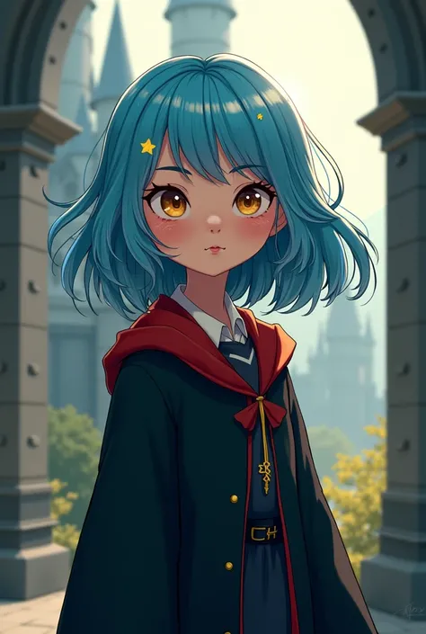 draw me a gryffindor girl with baby blue hair and light brown eyes