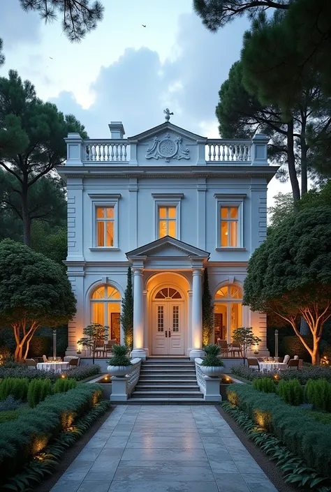 white classical modern manor house, white frieze columns, large garden, birds are singing in the garden, a light breeze moves the tree leaves, it is magnificent, the lights of the garden are flickering, the wall waterfall is very elegant, the water is flow...