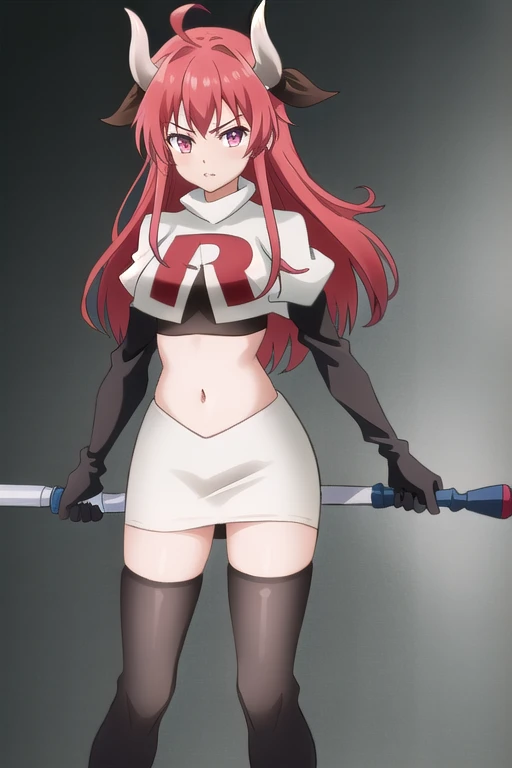 (extremely detailed CG unity 4k wallpaper),(masterpiece),(best quality),(ultra-detailed),(best illustration),(best shadow),(absurdres),(detailed background) Kotori Itsuka, 1girl, horns, red hair, red eyes, long hair, solo, breasts, team rocket,team rocket ...