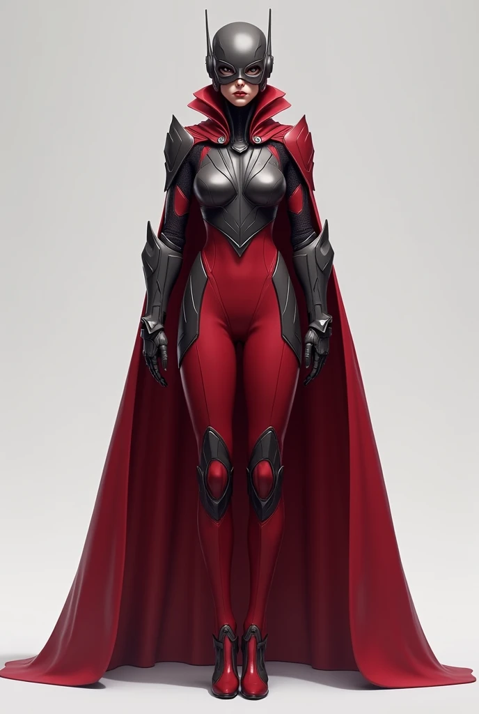  The image shows the design of a feminine costume with an elegant and futuristic aesthetic ,  in mainly red and gray tones .  This outfit suggests a mix between armor and superhero clothing ,  transmitting power , authority and style. 

** Detailed descrip...