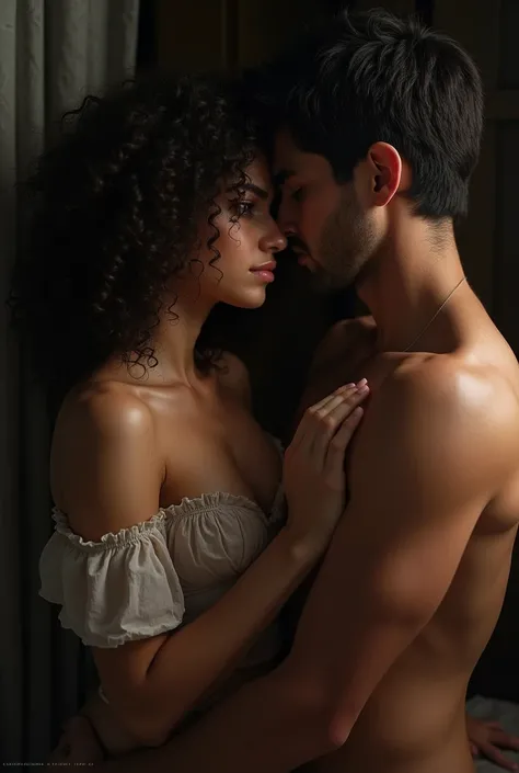  Realistic style 8k girl with thick hair curly man with short hair he cant see his face (Black face) dark sex 