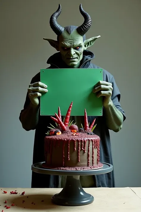  a demonic figure standing, facing forward. the demon is standing, holding a green sign with a menacing expression. In front of the demon, on a separate table, is a demonic cake—dark, grotesque, and eerie, with sharp spikes, oozing textures, and fiery acce...