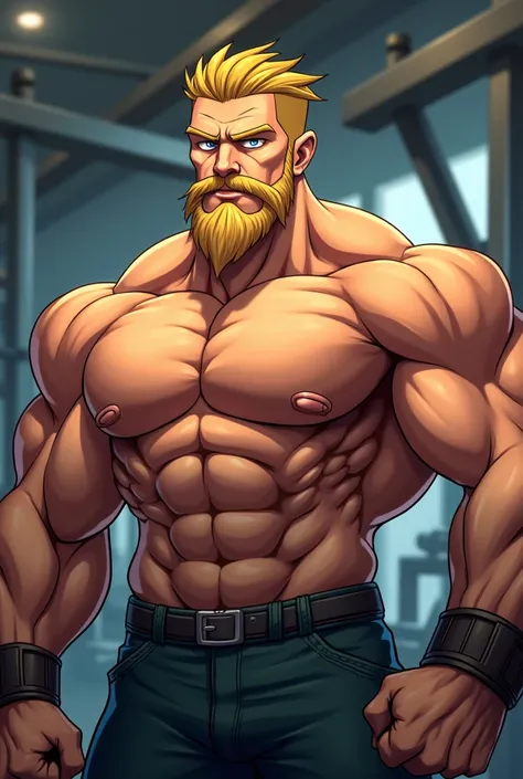 Create a big and strong man , in a gym,  with short blond hair and a long beard in cartoon or anime style, Aesthetic physique , focus on the face, Be more realistic 