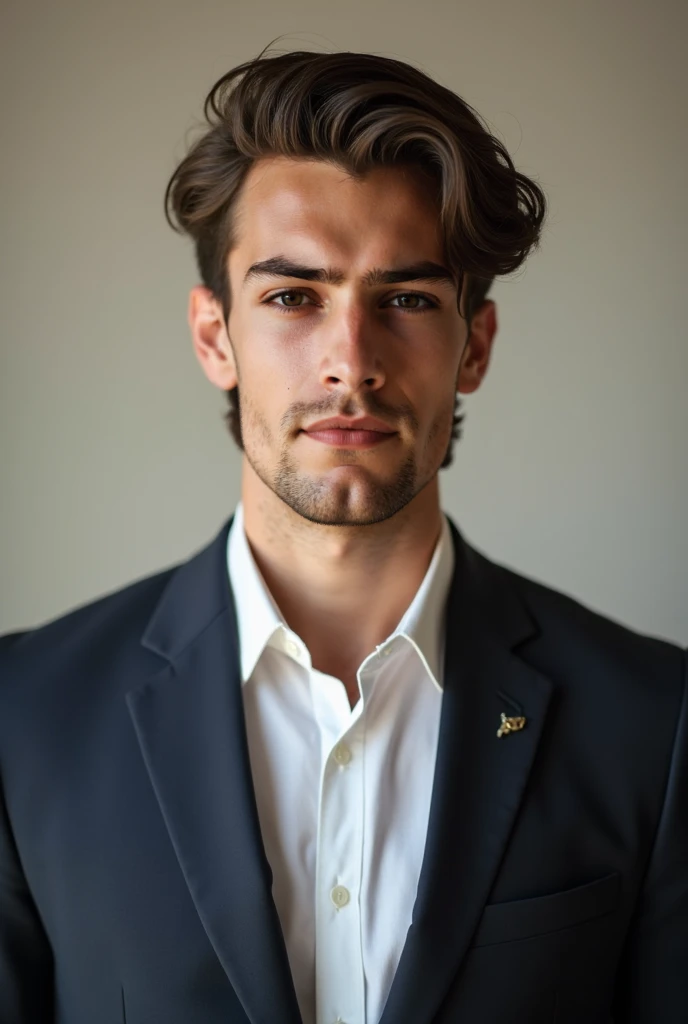 A rich young man on a neutral background without dark glasses looking at the camera 