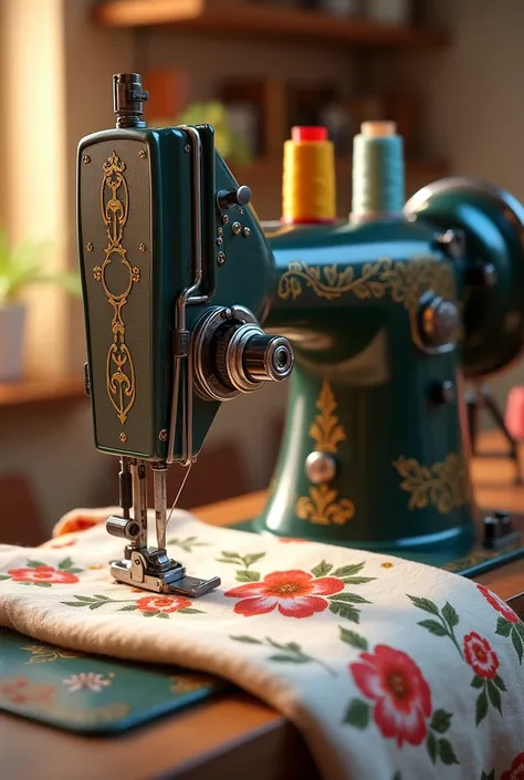 Sewing machine with flower thread and bear fabric