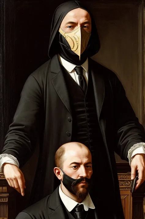 Man with plague mask and black suit with tie, renaissance art style
