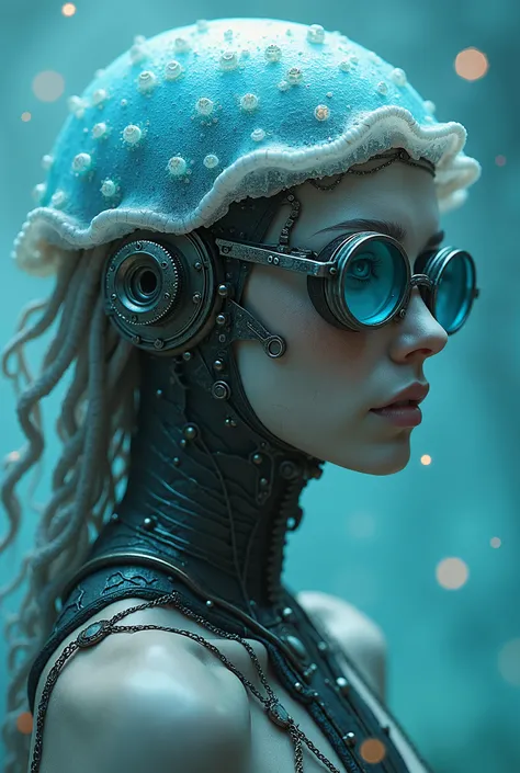 Ethereal cyborg woman ,  bioluminescent jellyfish tiara .  Steampunk glasses merge with translucent tentacles .  Cracked porcelain skin meets iridescent scales .  Mechanical implants and delicate tendrils intertwine .  Human features with an otherworldly g...