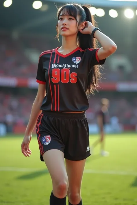  Asian woman intently looks straight at the viewer, Point to her own chest , Walking towards the viewer in a bright, cheerful, cute , sexy action in different poses on the most fashionable football field ,  a sparkling portland skin,  glazed tile skin , Re...