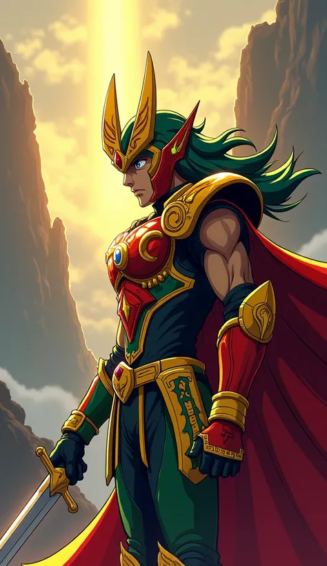 Imagine a character from the Saint Seiya cartoon, with armor and clothes in the colors of the flag and elements inspired by Bolivia. Anime style from the Saint Seiya series.