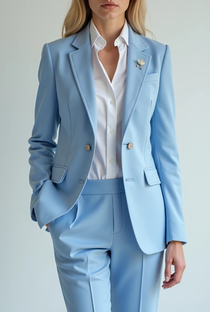 Make a baby blue suit with white and lilac details 