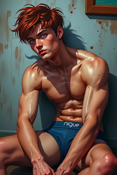 Anine style. Im 1 teenager. I am tall, muscular, and have tanned skin covered with small bruises and scratches from hard training. I have fiery red, disheveled, slightly overgrown hair. My eyes are grey-blue. My face is incredibly beautiful and manly, desp...