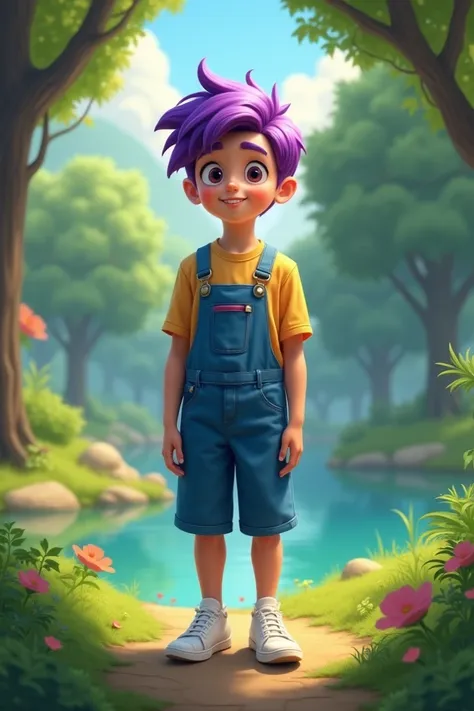 Hes in a park, hes wearing blue overalls and white shoes, he has short purple hair